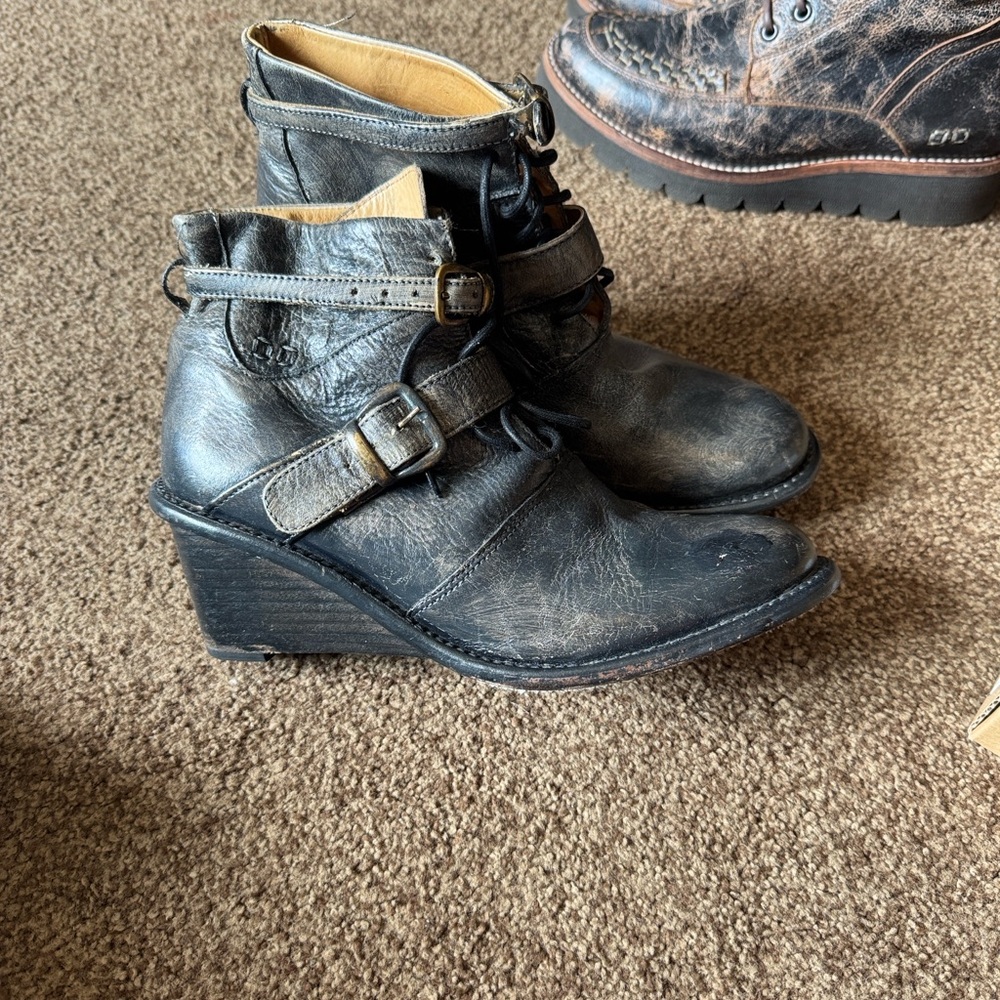 Black Leather Wedge Ankle Boots with Buckle BedStu cobbler edition distressed